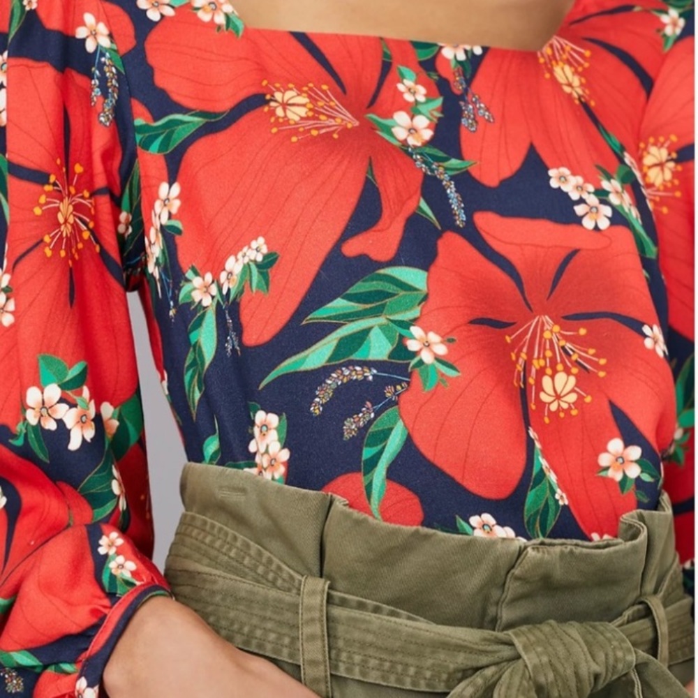🆕 NWT FARM Rio x Anthropologie Anouk Red HibiscusTropical Floral Puff Sleeve Top